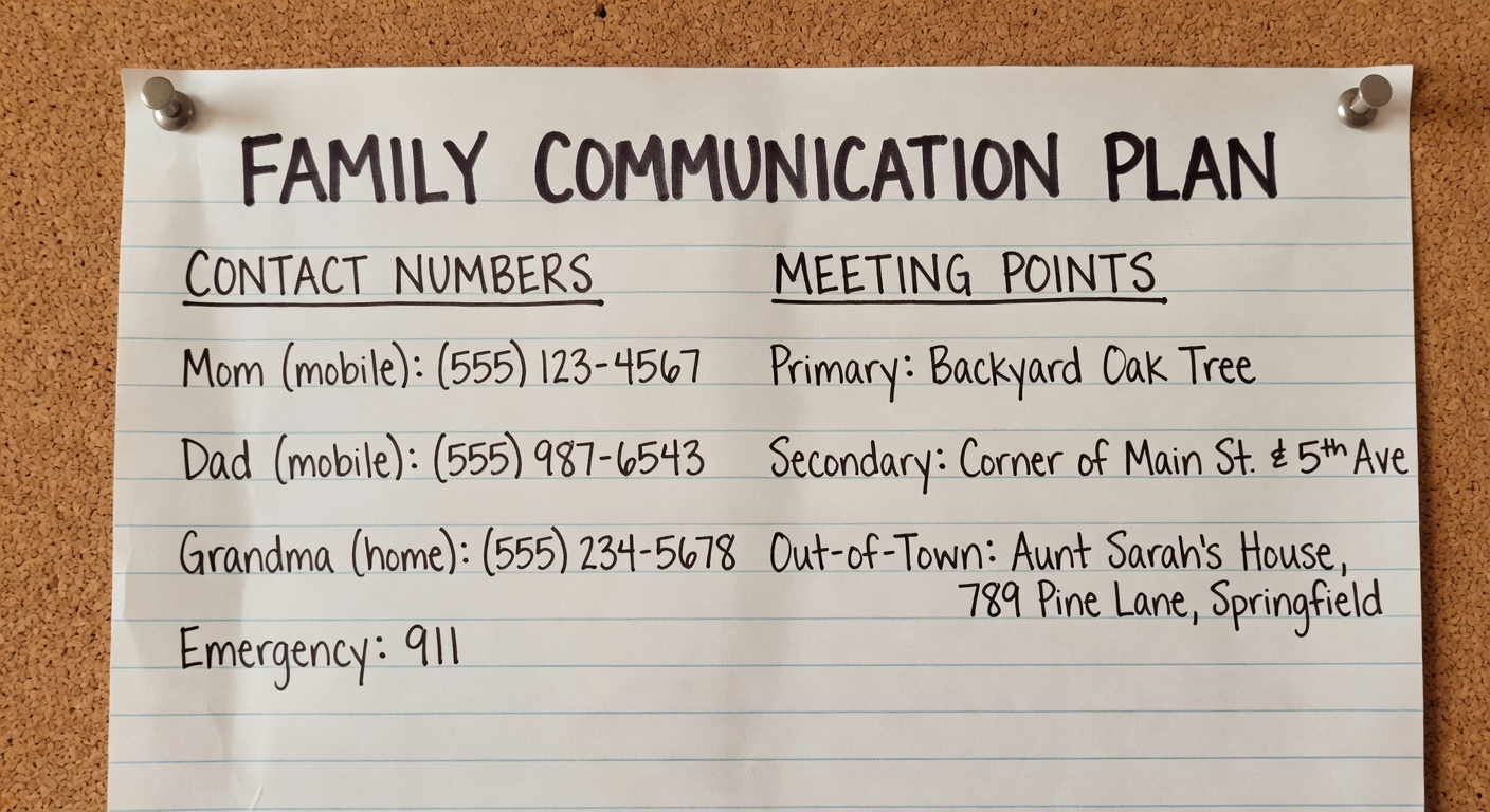 Printed family communication plan card with contact numbers and meeting points placed on a refrigerator
