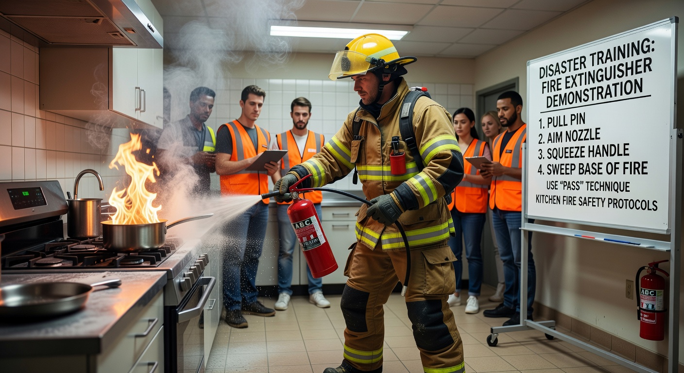 Demonstration of correct fire extinguisher use applying the PASS method — Pull, Aim, Squeeze, Sweep