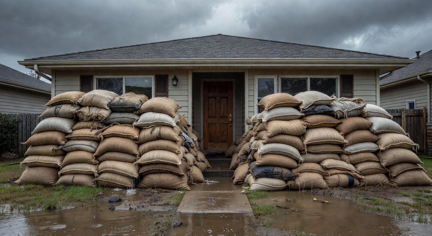 DIY sandbag barrier protecting a residential doorway from floodwater