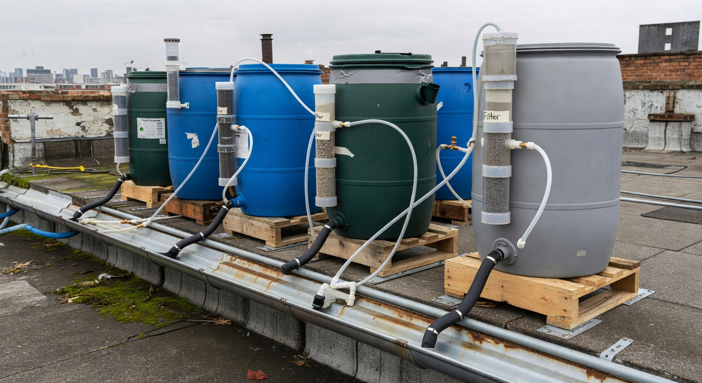 A DIY rainwater collection barrel system set up beside a house, connected to a downpipe with a filter screen