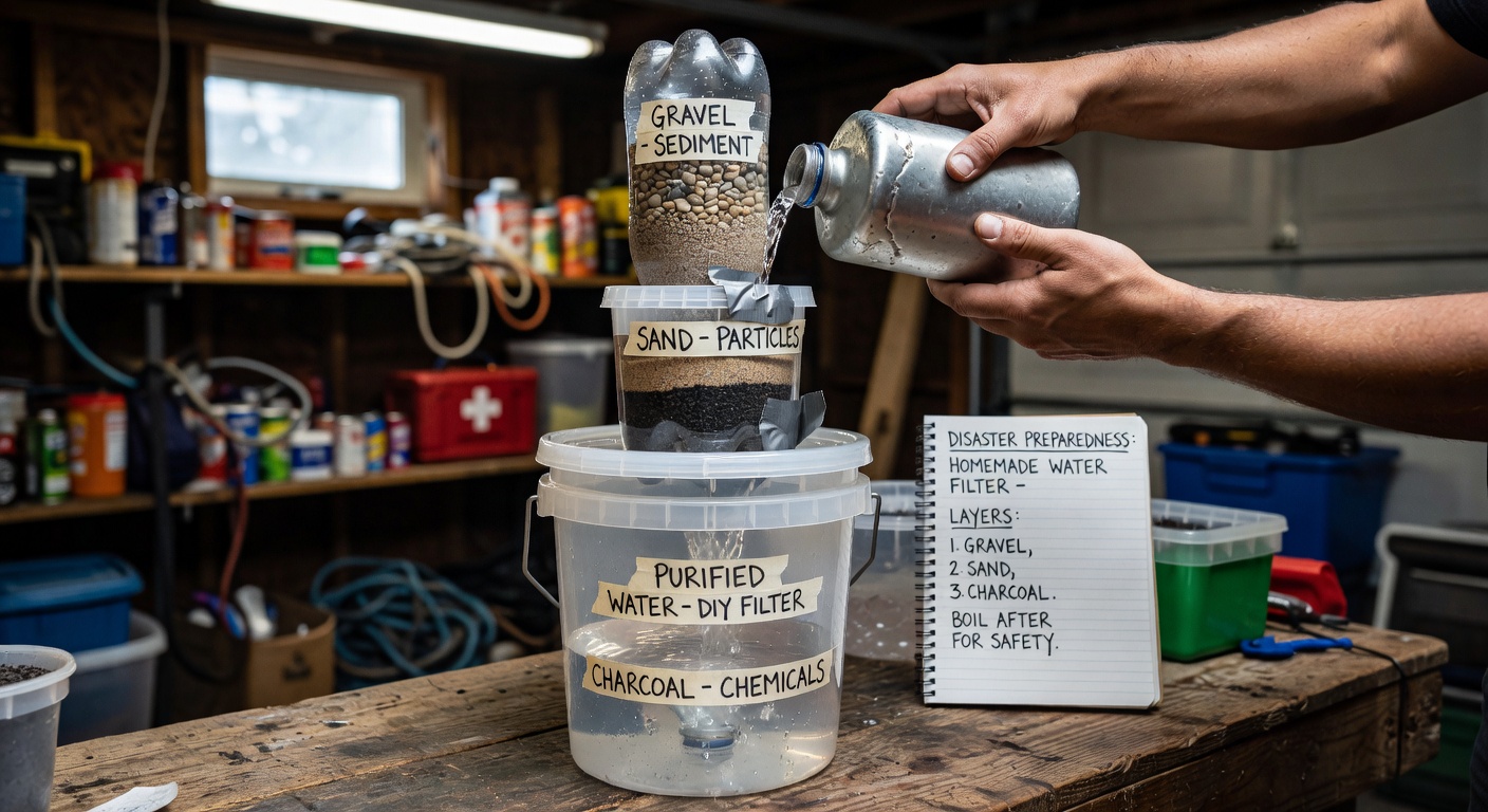 DIY water purification setup showing boiling pot, filtration materials, and purification tablets on a table